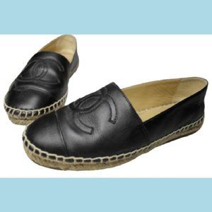 Chanel Womens Espadrille Shoes 36 Black Lambskin Leather Made in Spain CC logo